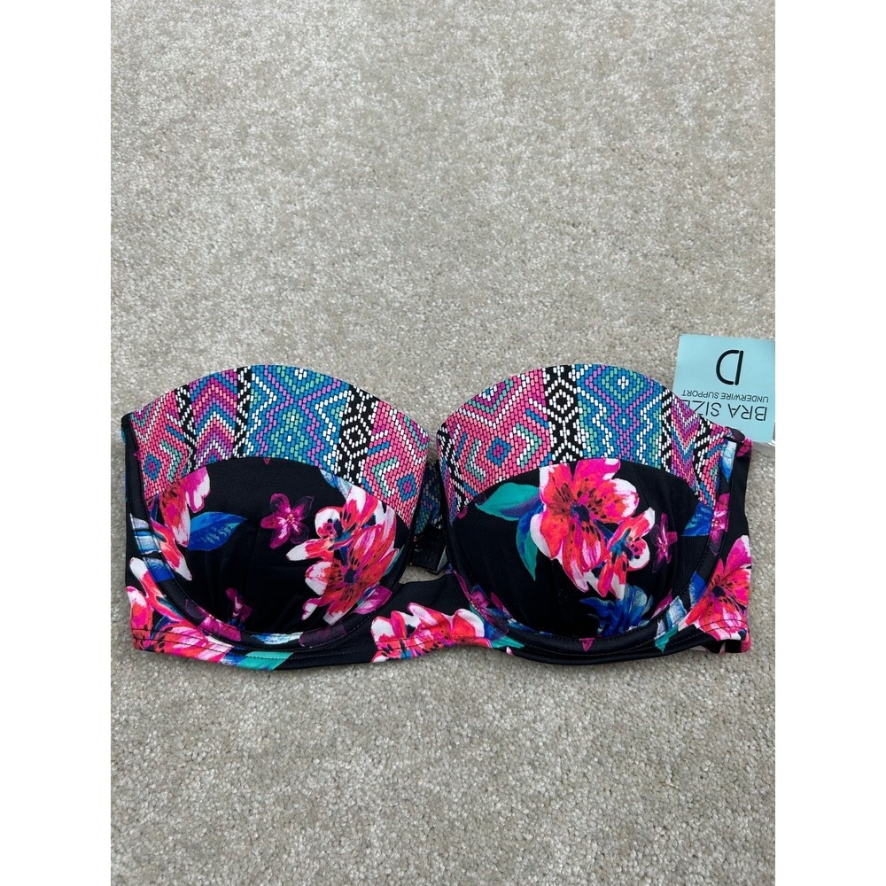 SUNDAZED Women's Swimwear Top 32D Floral Geometric Padded Bandeau Underwire - Picture 1 of 6